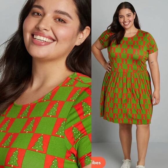 Modcloth Checked Trees Ensemble Observation Knit Dress Christmas - Picture 1 of 12